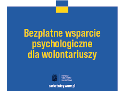 Grafika z żółtym tekstem "Bezpłatne wsparcie psychologiczne dla wolontariuszy" na niebieskim tle