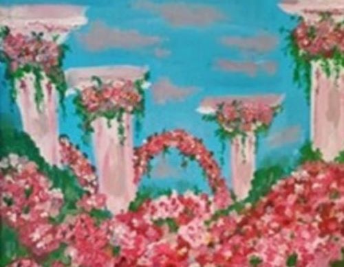 Praca artystyczna wykonana farbami na ścianie, przedstawiająca ogród kwiatowy oraz kolumny jako elementy architektoniczne
