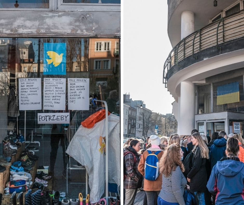 Kolaż z dwoma zdjęciami, na nich: ekspozycja towaru i lista potrzeb wywieszona na oknie Centrum oraz uchodźcy czekający przed budynkiem.