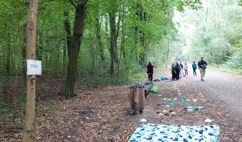 Zdjęcie z gry terenowej, na pierwszym planie rozłożony koc i kolorowe przedmioty dookoła, na drzewie zawieszona kartka z tekstem, w tle las i grupa młodych ludzi idąc leśną drogą