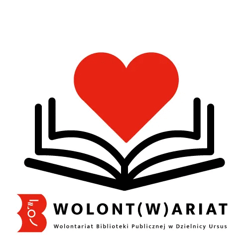 Czarne kontury otwartej ksiązki, nad którą unosi się czerwone serce. Poniżej napis "WOLONT(W)ARIAT"