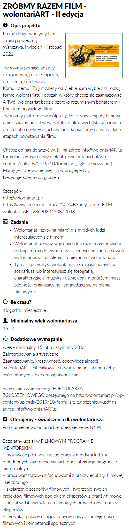zrzut ekranu oferty ZRÓBMY RAZEM FILM - wolontariART - II edycja
