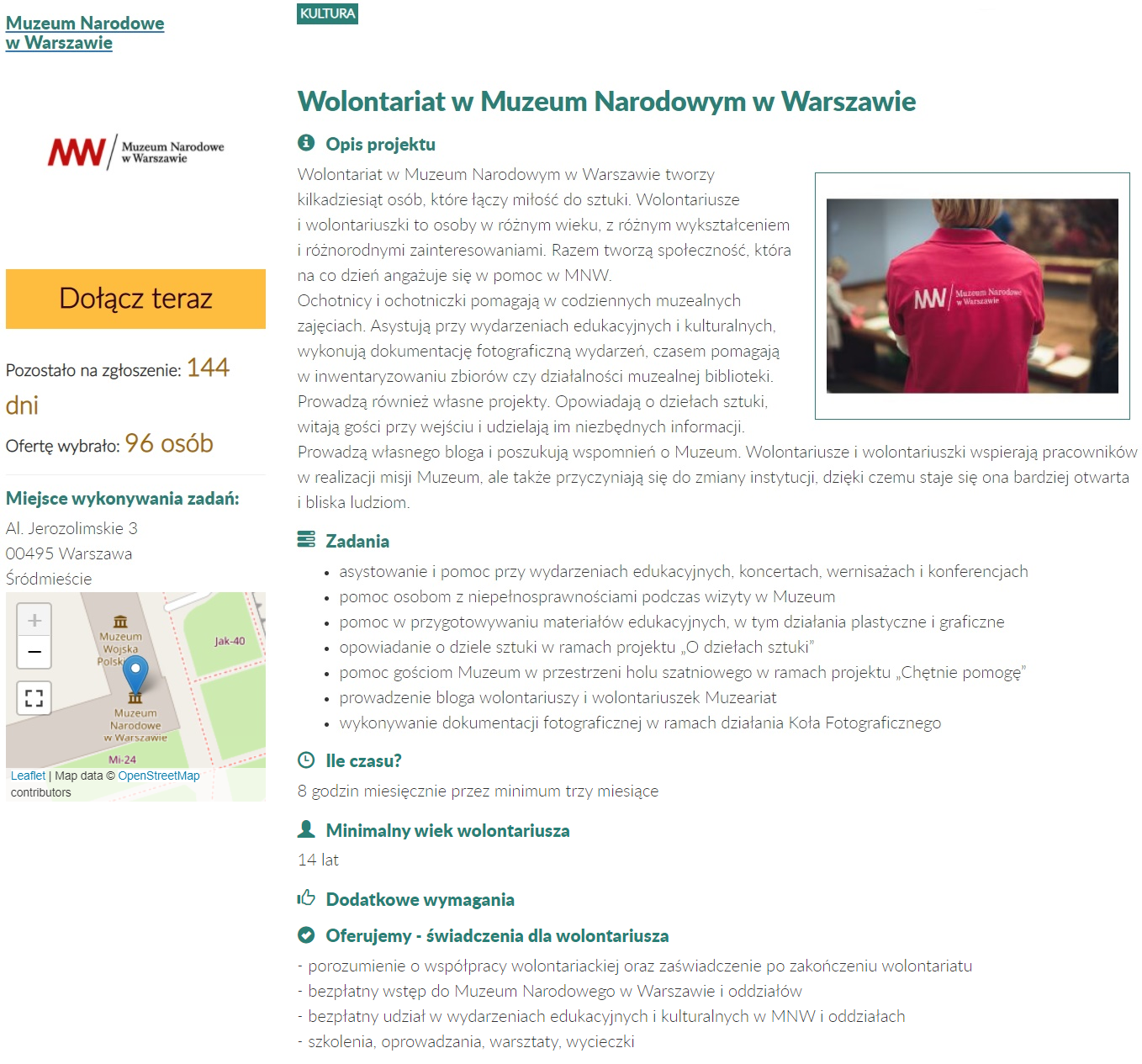 zrzut ekranu z ofertą Wolontariat w Muzeum Narodowym w Warszawie