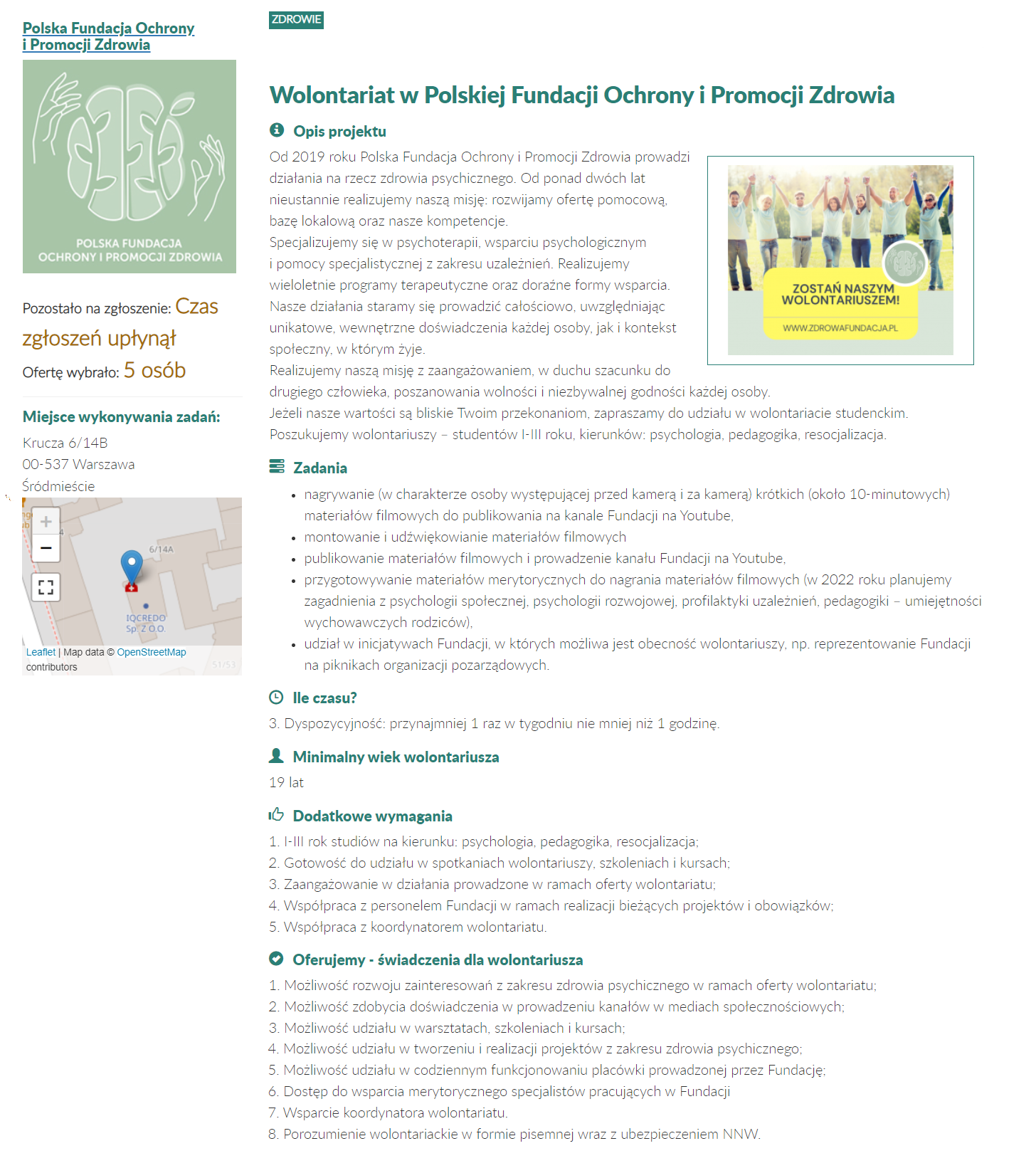 zrzut ekranu z ofertą "Wolontariat w Polskiej Fundacji Ochrony i Promocji Zdrowia
