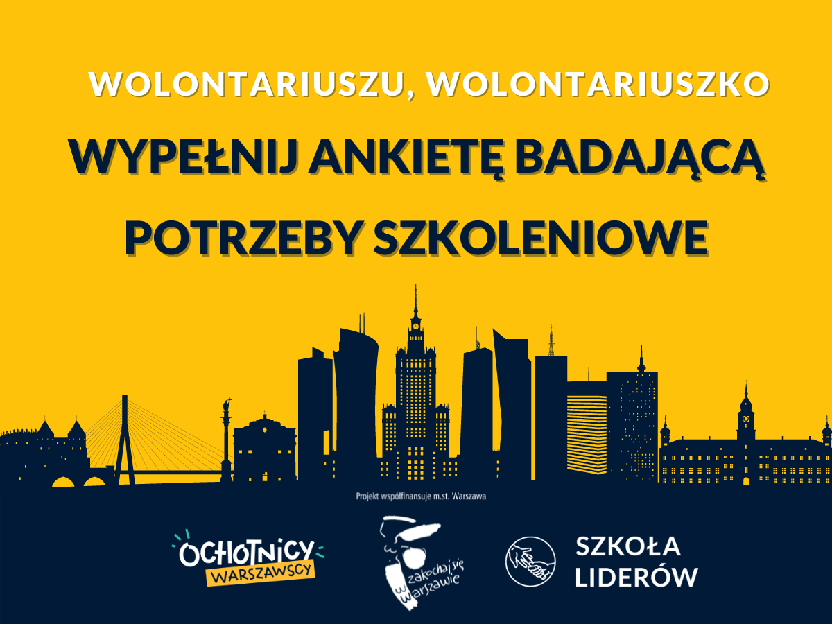 Grafika z panoramą Warszawy na żółtym tle i napisem: Wypełnij ankietę badającą potrzeby szkoleniowe. 