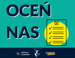 Grafika z granatowym napisem "Oceń nas"