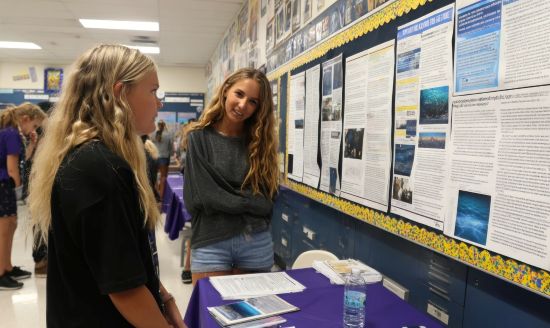 Dwie młode dziewczyny na szkolnym korytarzu, stojące przy gazetce szkolnej
