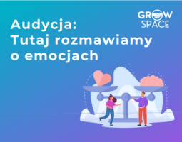 Biały tekst "Audycja: Tutaj rozmawiamy o emocjach" na jasnoniebieskim tle.