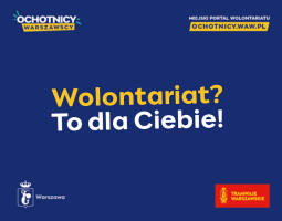 Żółty napis "Wolontariat? To dla Ciebie!" umieszczony na środku granatowego tła. 