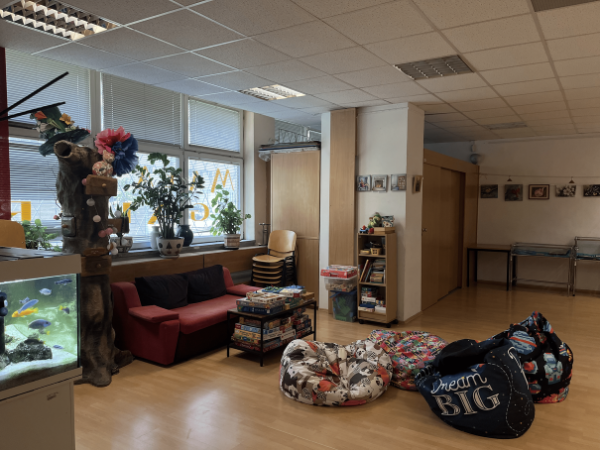Pomieszczenie z jasnymi kremowymi ścianami i brązową podłogą, na której stoją kolorowe pufy do siedzenia. Obok stoi akwarium, kwiaty doniczkowe oraz sofa 