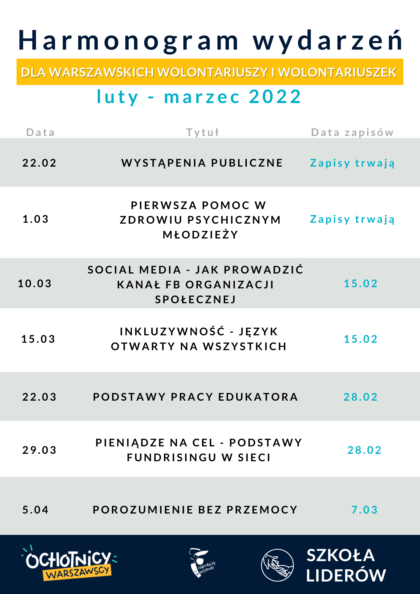 Grafika prezentująca harmonogram szkoleń na luty - marzec 2022. Szczegóły na www.ochotnicy.waw.pl/kalendarz.