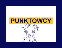 Ciemnogranatowy napis na żółtym tle: "Punktowcy". Wokół ciemnogranatowa ramka. W centralnym punkcie, na dole znajduje się grafika przedstawiająca czapki absolwenckie.