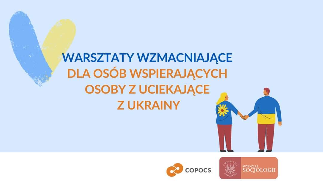 Grafika promująca z nazwą warsztatów, logotypami, sercem niebiesko-żółtym oraz sylwetkami dwóch postaci.