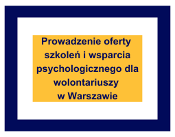 Granatowa grafika z żółtym tekstem: "Przygotowanie i prowadzenie miejskiej oferty wsparcia dla organizatorów wolontariatu".