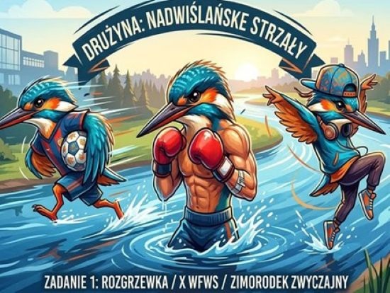 Trzy antropomorfizowane zimorodki w sportowych strojach, biegnące w górę rzeki, w tle odległy krajobraz centrum Warszawy, napis: Drużyna Nadwiślańskie Strzły