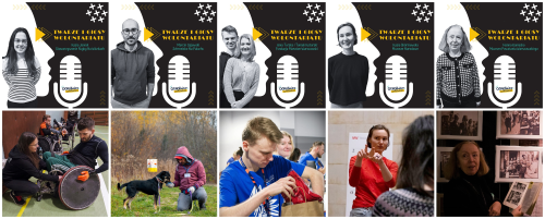 Kolaż zdjęć wolontariuszy i grafik do reportażu o wolontariacie