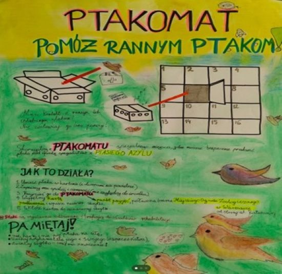 Żółto zielony plakat Ptakomat - pomóż rannym ptakom