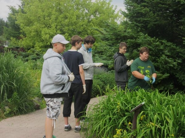 Czwórka młodych ludzi ubranych w rękawiczki robocze, stojąca w alejce ogrodu botanicznego i słuchająca instruktażu do wykonywanej pracy przy roślinach