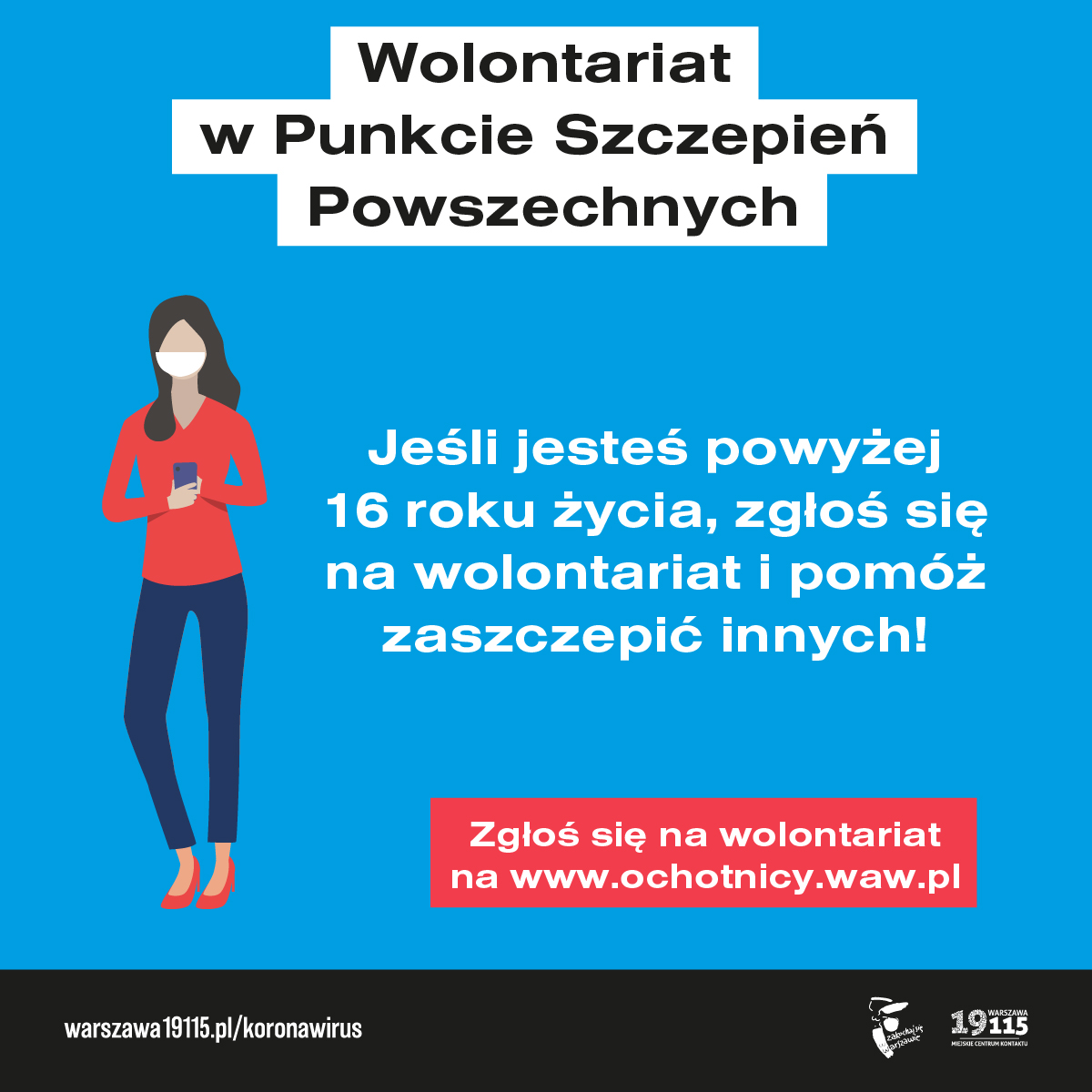 Rysunkowa dziewczyna w maseczce z telefonem w dłoniach, obok informacja o wolontariacie w Punktach