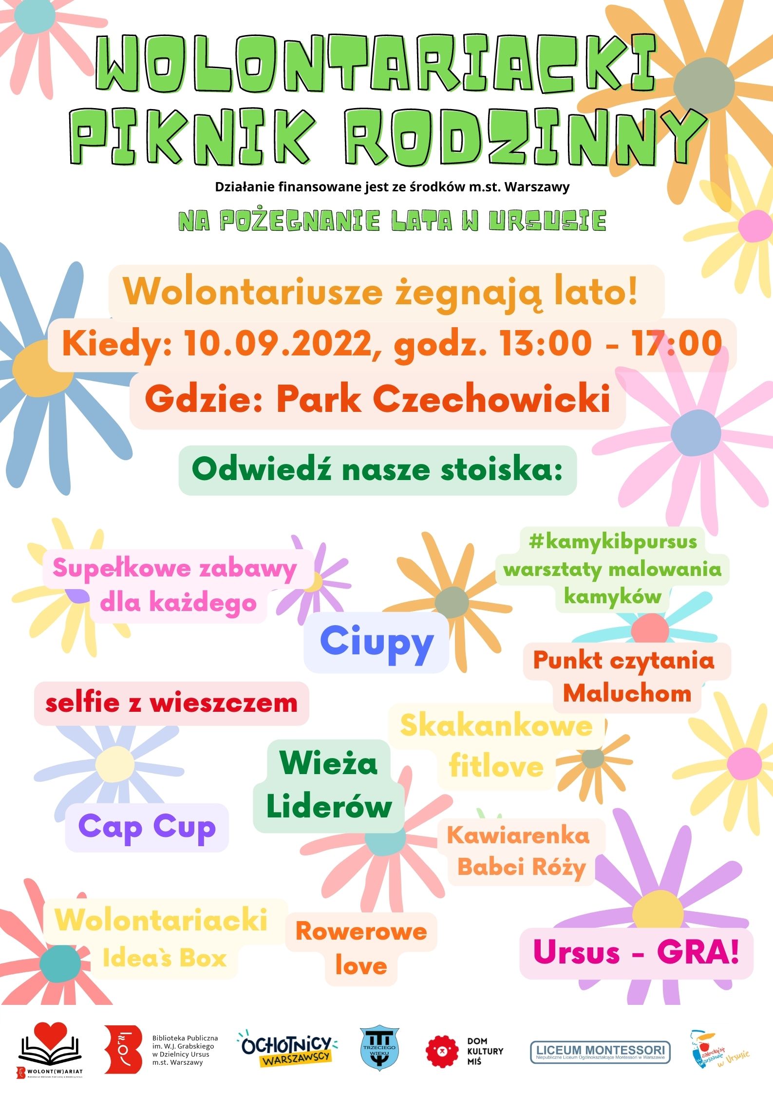 Plakat z napisem "Wolontariacki Piknik Rodzinny" oraz szczegółami wydarzenia