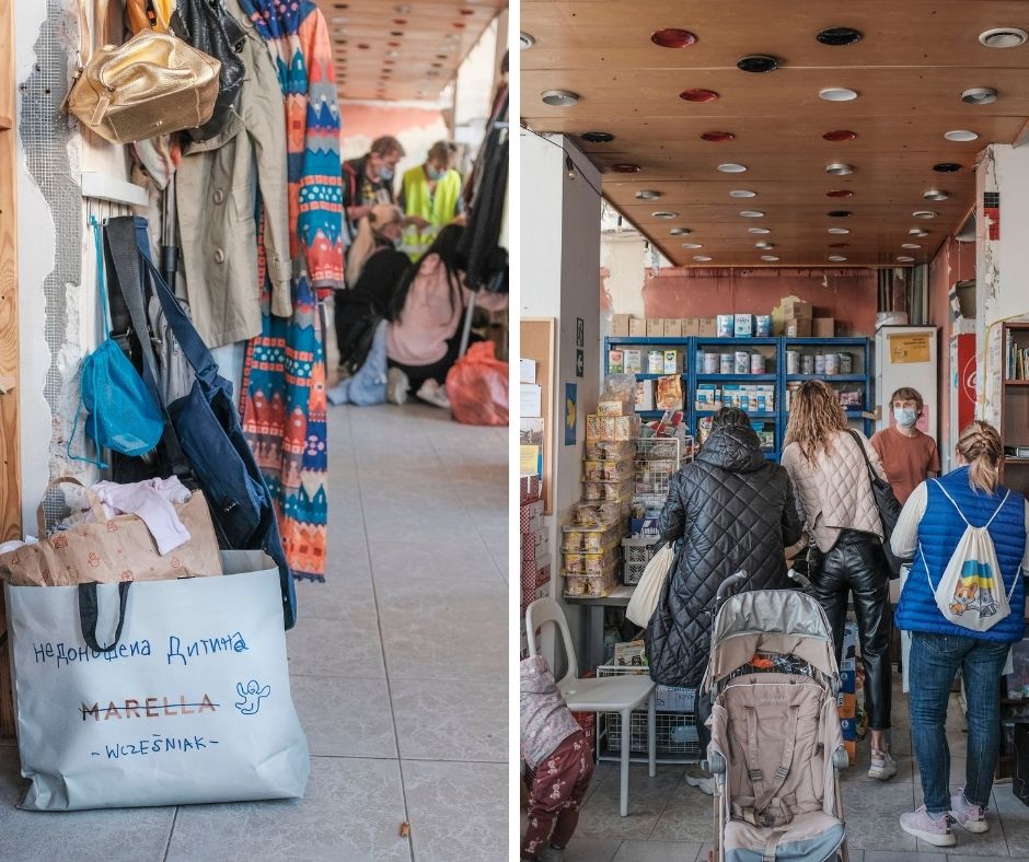 Kolaż z dwoma zdjęciami z free shop'u, na nich: wolontariusz obsługujący uchodźców, torba z ubraniami.