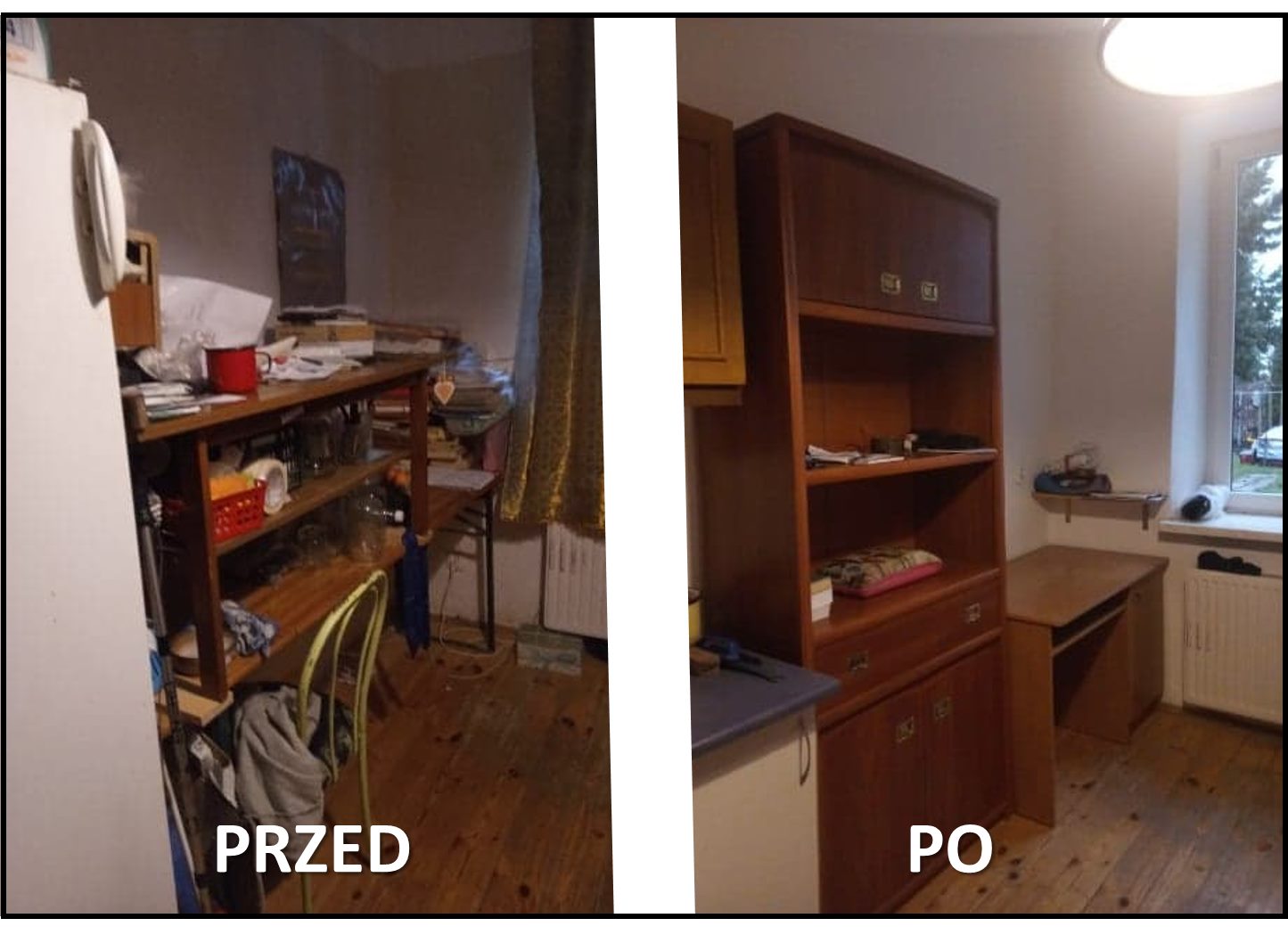 Efekt remontu. Kolaż ze zdjęciem z przed remontu i po remoncie. Przed - zagracona szafka, po - uprzątnięta meblościanka.