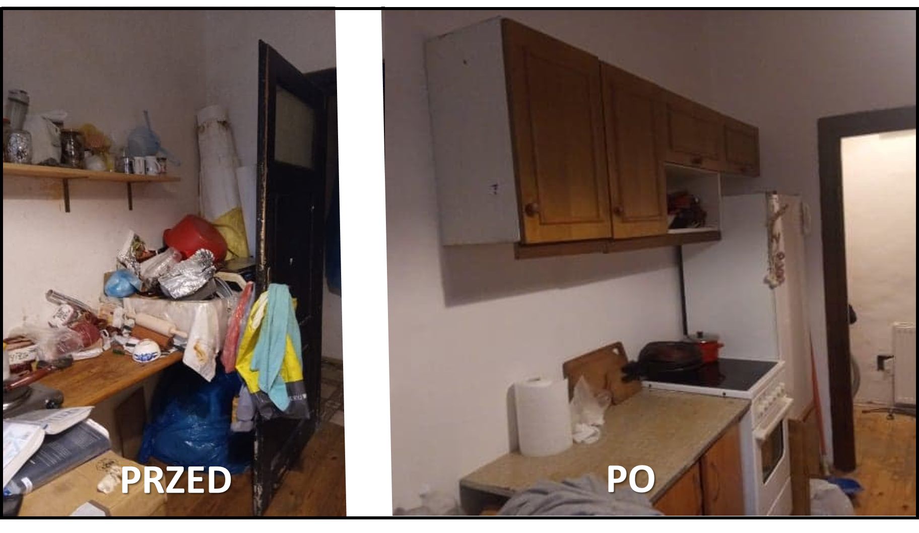 Kolaż ze zdjęciami z przed remontu i po jego przeprowadzeniu. Przed - zagracony blat, po - uprzątnięty blat, na ścianach wiszą szafki.