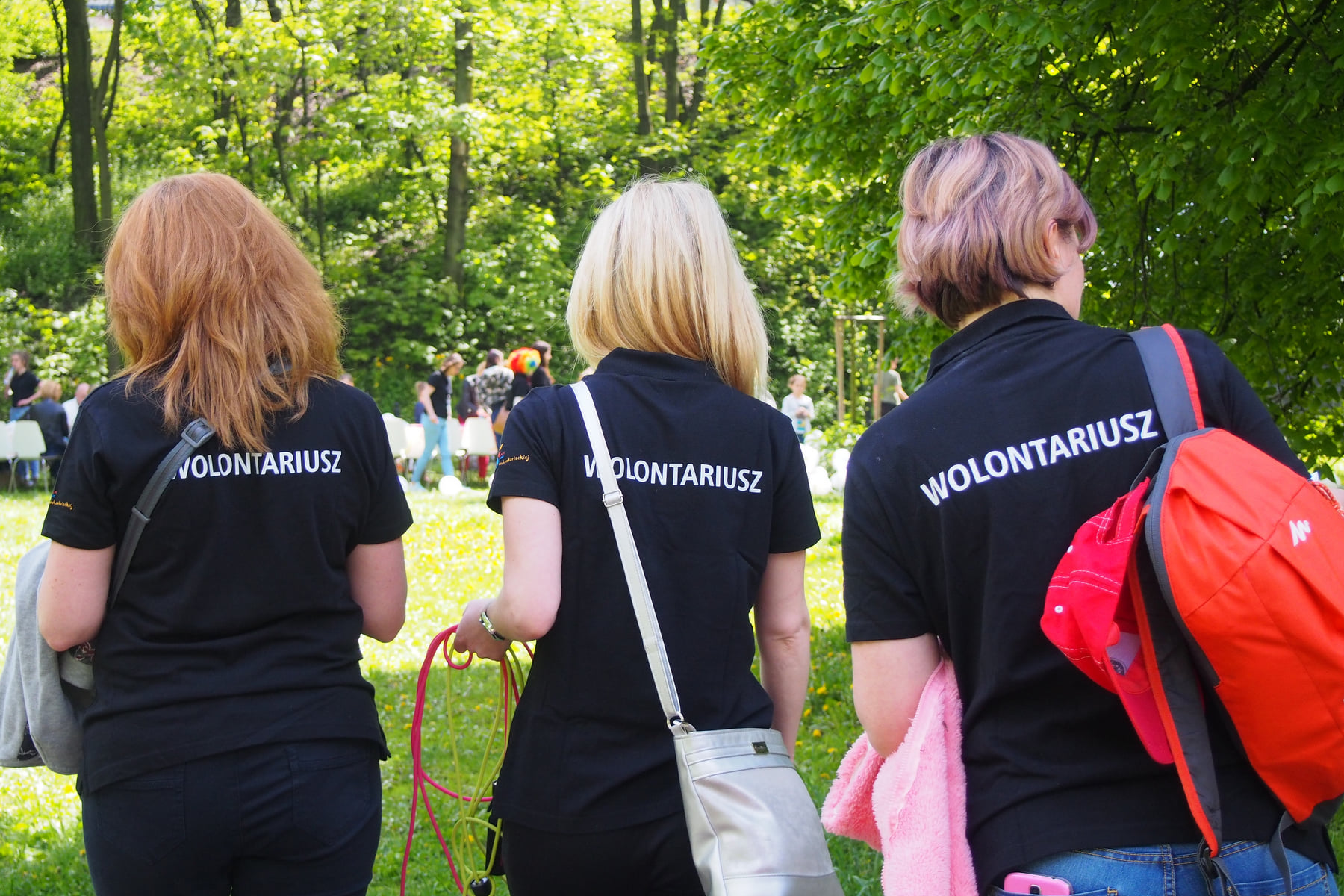 Trzy osoby ubrane w koszulki z napisem "wolontariusz" stoją tyłem w parku