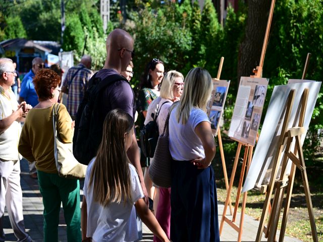 Grupa ludzi oglądająca plansze ustawione na sztalugach na chodniku.