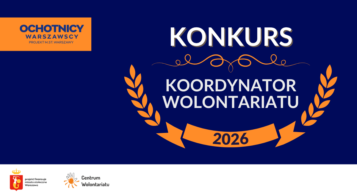 Biały napis Konkurs Koordynator Wolontariatu na grantowym tle. 