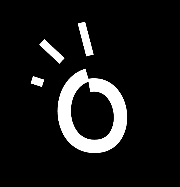 Białe logo - litera O z trzema dekoracyjnymi kreskami u góry, czarne tło